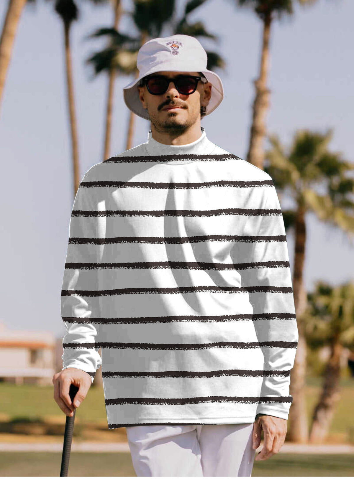 Men's Black and white crayon-style stripes Mock Neck Long/Short Sleeve Golf Tops