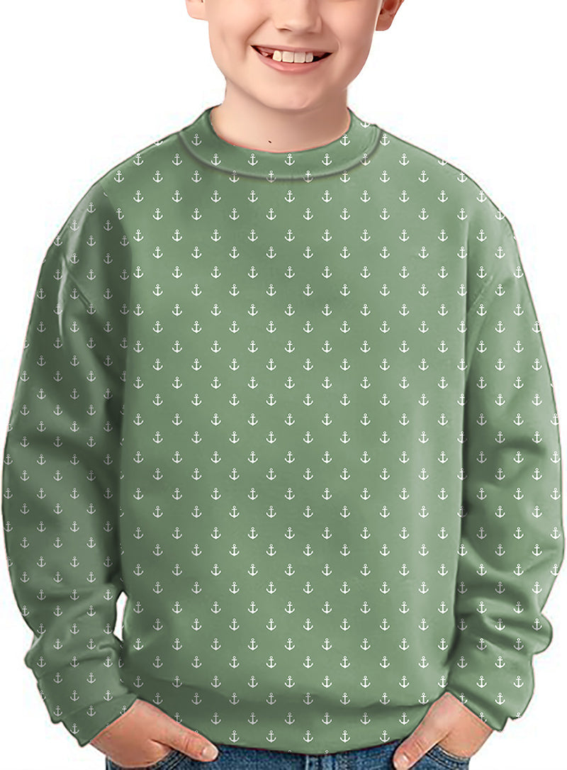 Kids grass green anchor pattern crewneck pullover sweater