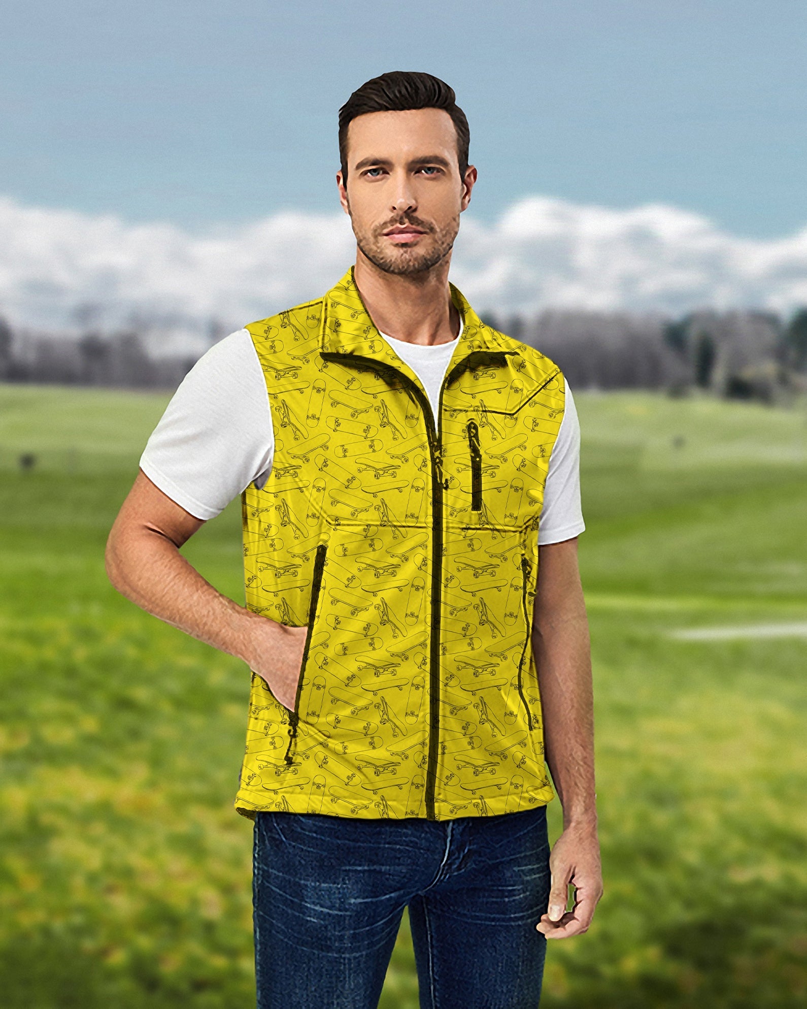 Men's yellow skateboard lightweight softshell vest sleeveless jacket for golf, windproof and waterproof