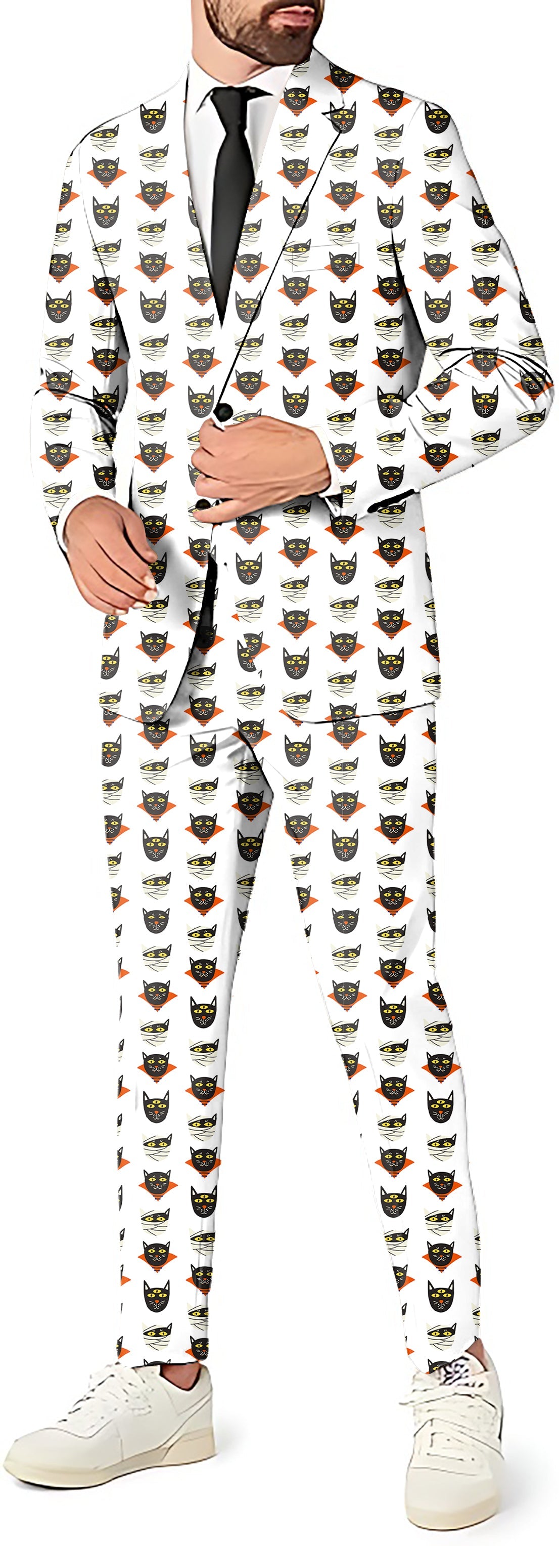 Halloween Mummy Cat men's 3-piece party suit with blazer, pants, and vest in custom background color