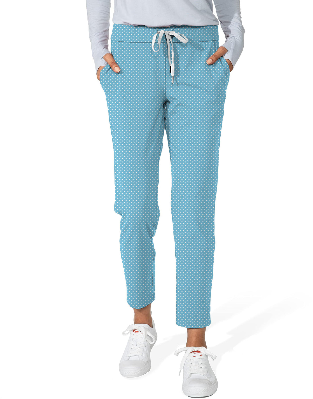 white polka dots blue background Women's 7/8 Stretch Ankle Golf Pants