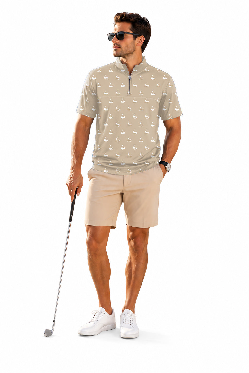 Men's Short Sleeve Quarter Zip Golf Pullover Beige Custom Name Christmas Embroidery
