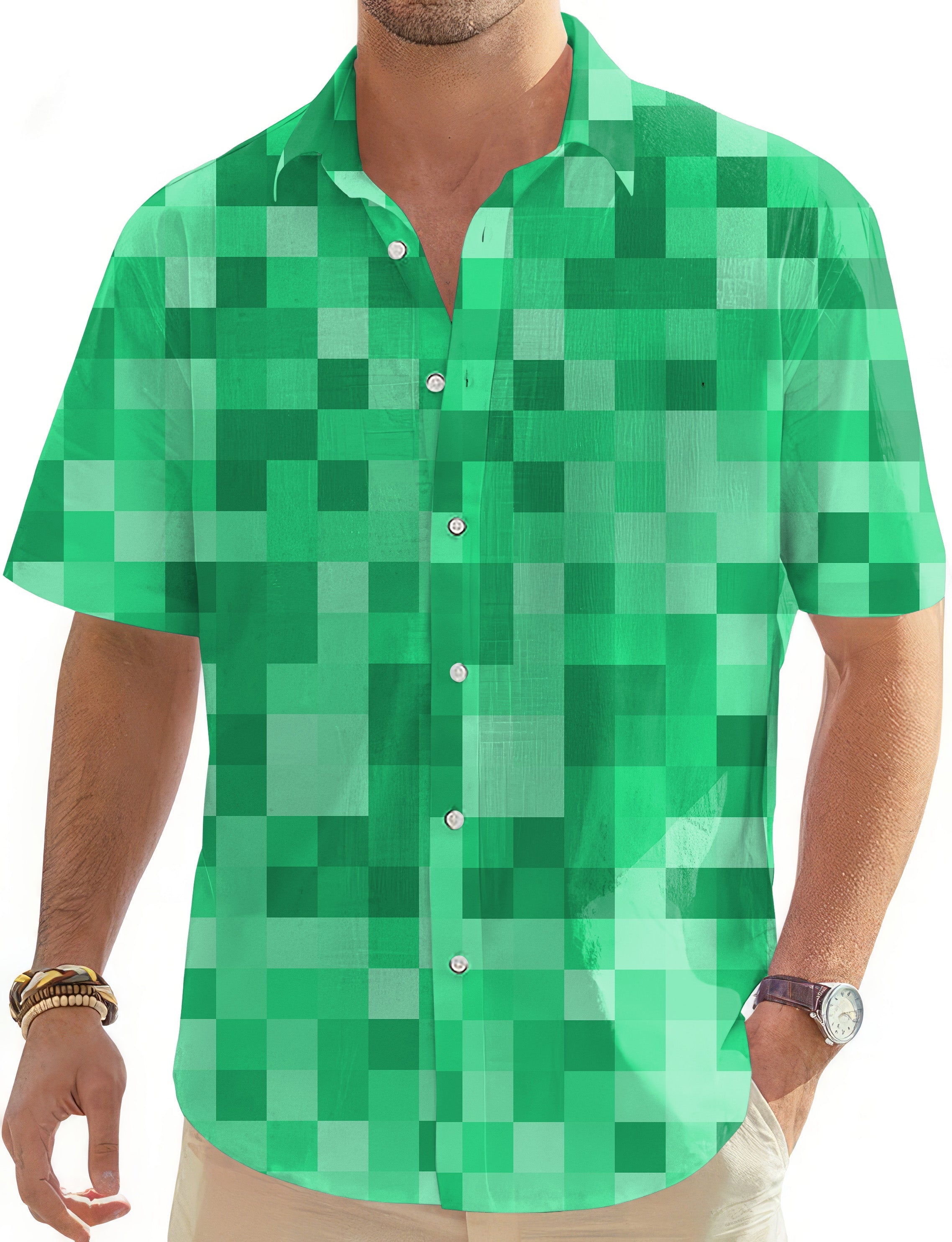 Green pixel pattern big men's golf Hawaiian shirt with button-down front and short sleeves