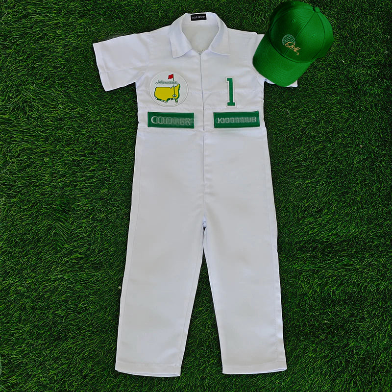Kids golf short-sleeved shirt and long pants suit with green cap on grass background