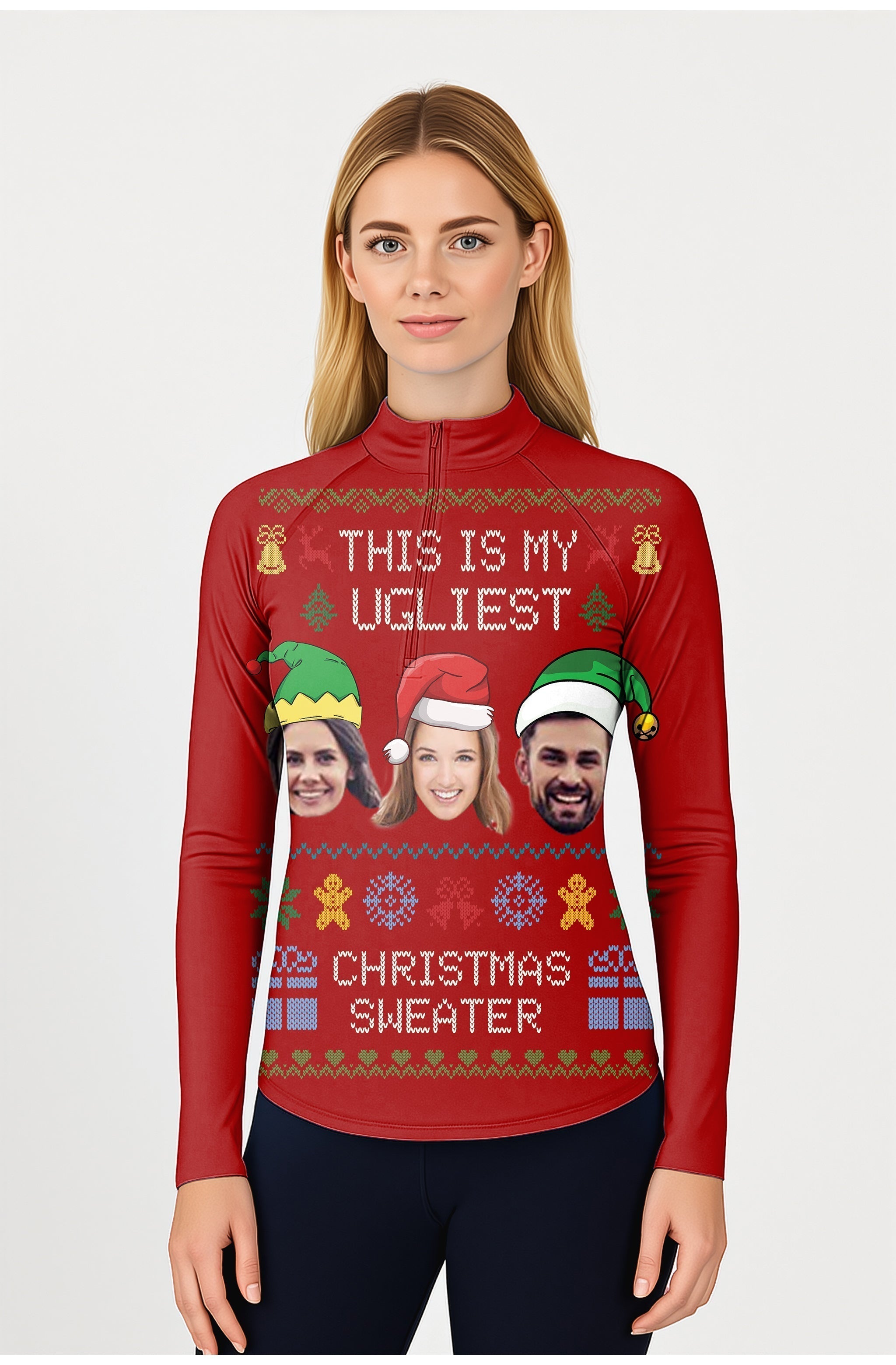 Women's red Christmas custom face 3/4 zip golf top with festive design and long sleeves