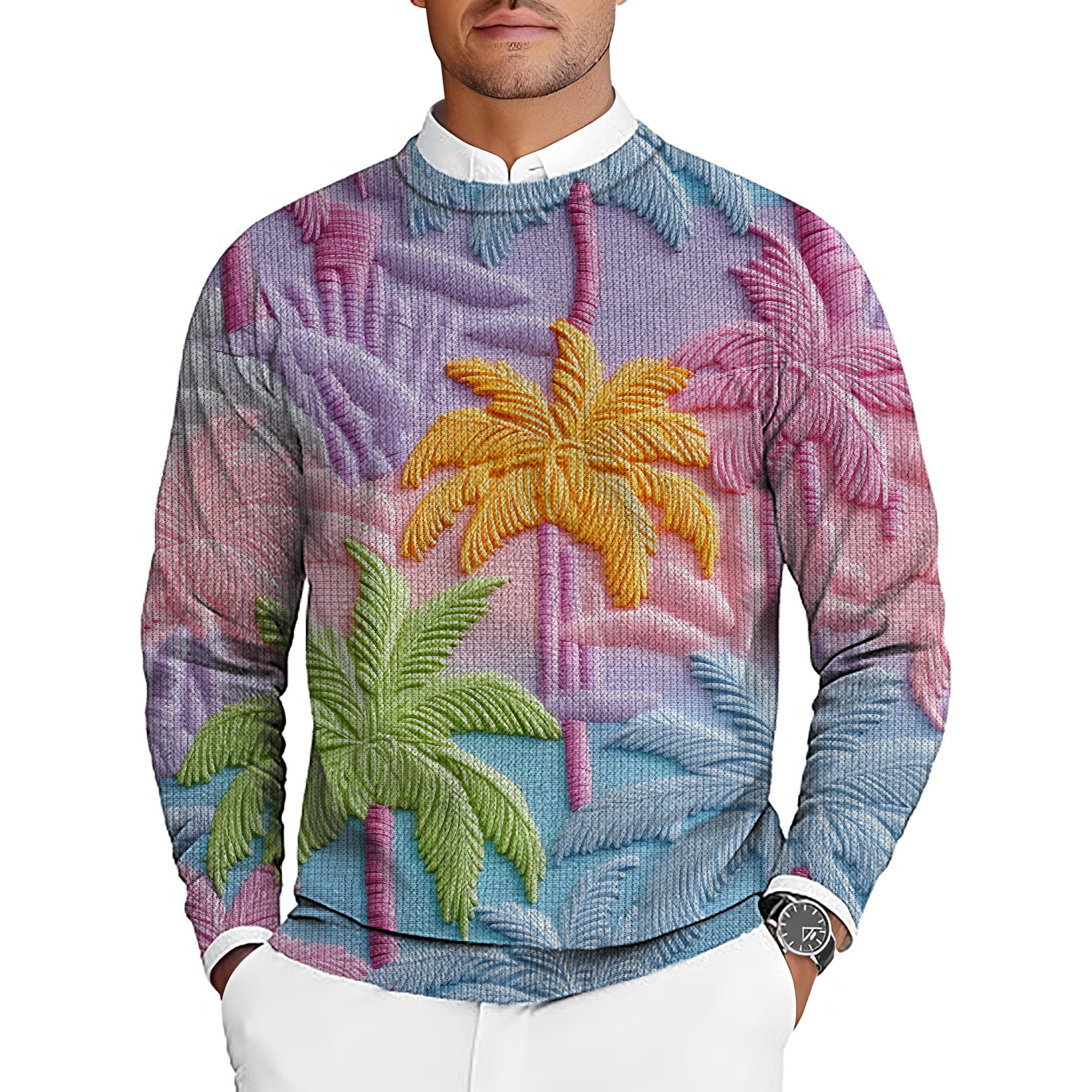 Men's golf crewneck pullover sweater with colorful 3D coconut tree design
