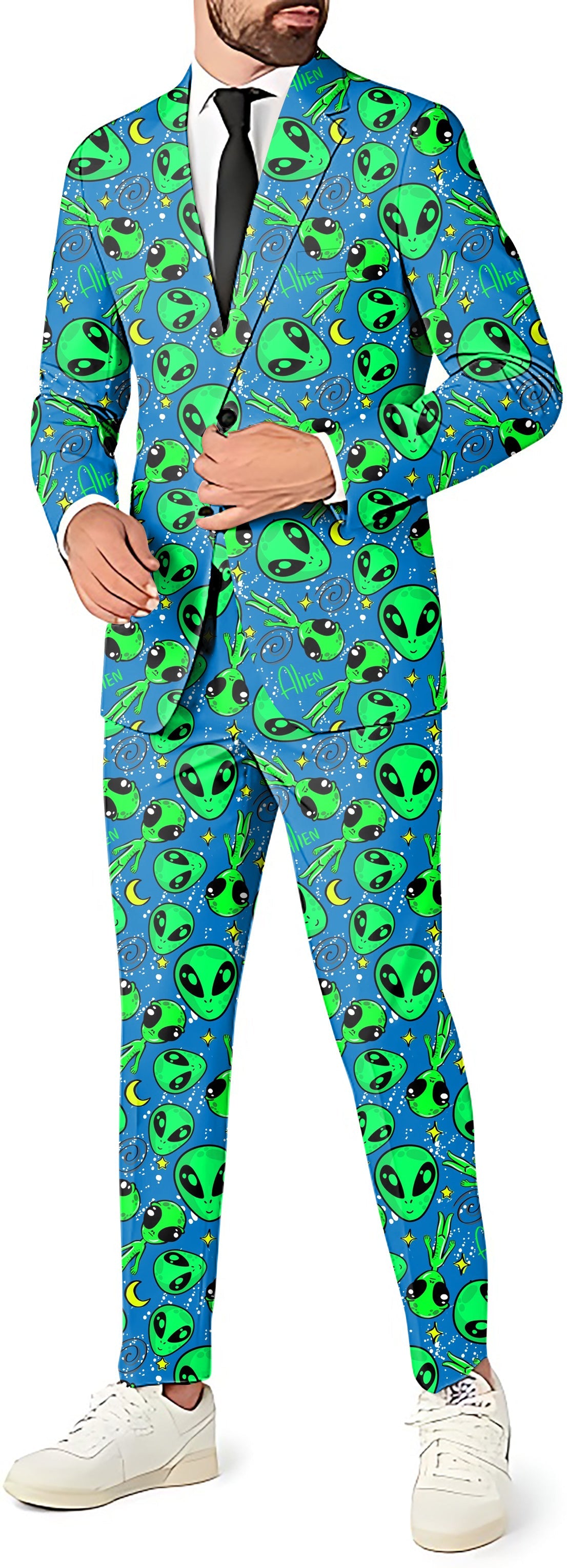 Cosmic Drive Men's party suit set with alien print blazer, vest, and pants