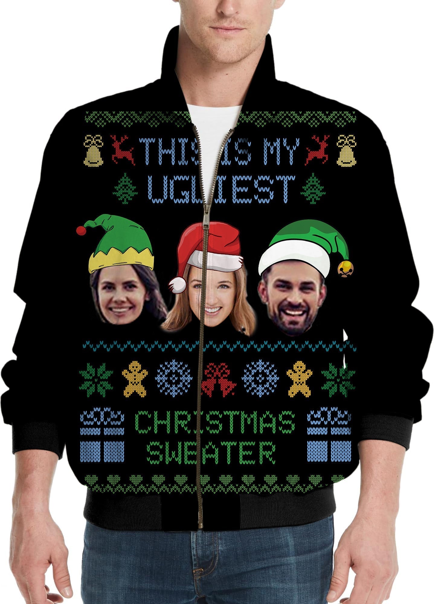 Black-Christmas custom face men's golf windbreaker light jacket with personalized holiday design