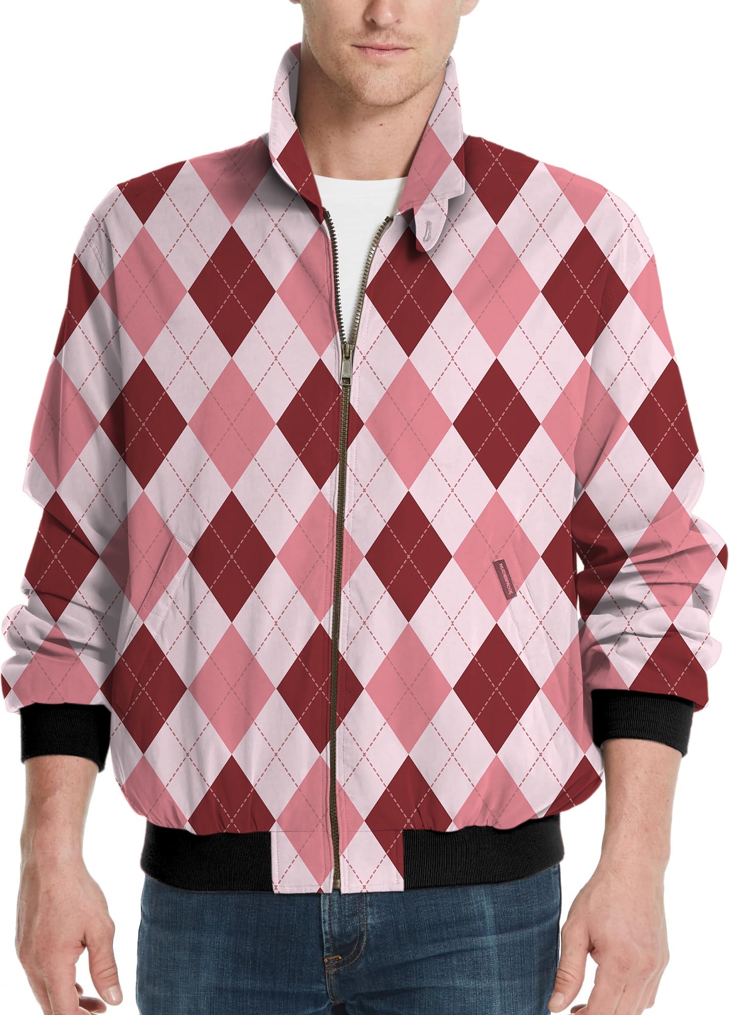 pink Argyle men's golf windbreaker light jacket with diamond pattern and zipper front