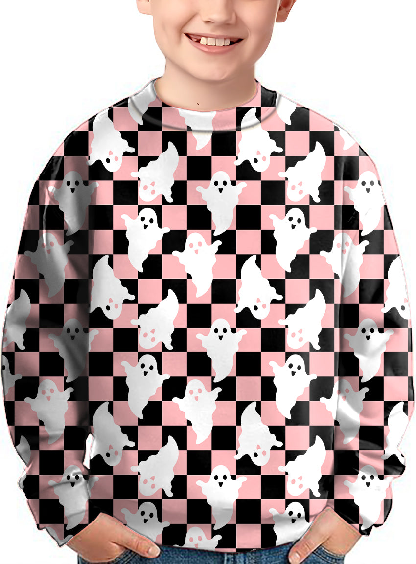 Halloween Black and White Checkerboard Ghost Crewneck Pullover Kids Ugly Sweater