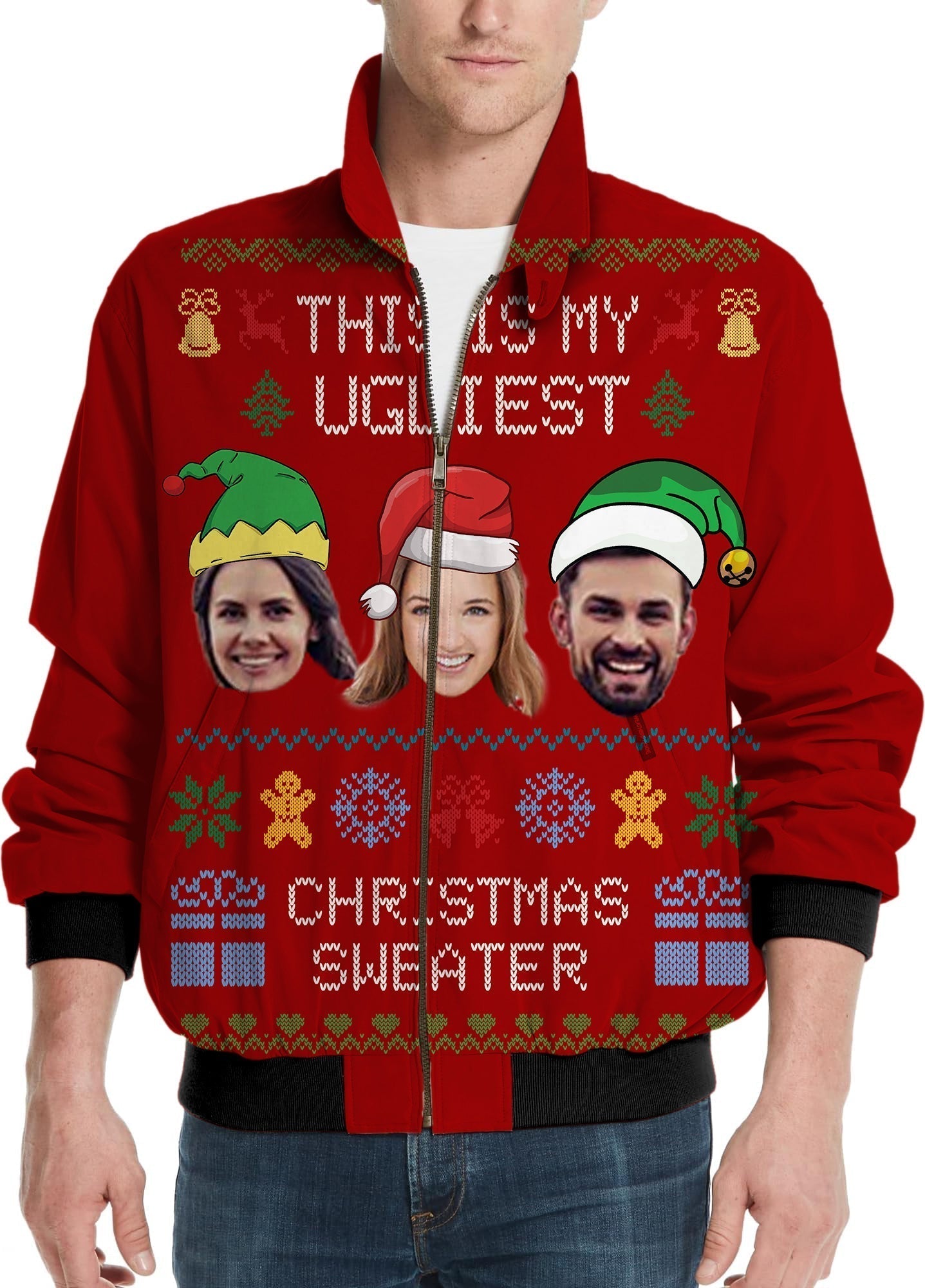 Men's red Christmas windbreaker with custom faces and holiday sweater design