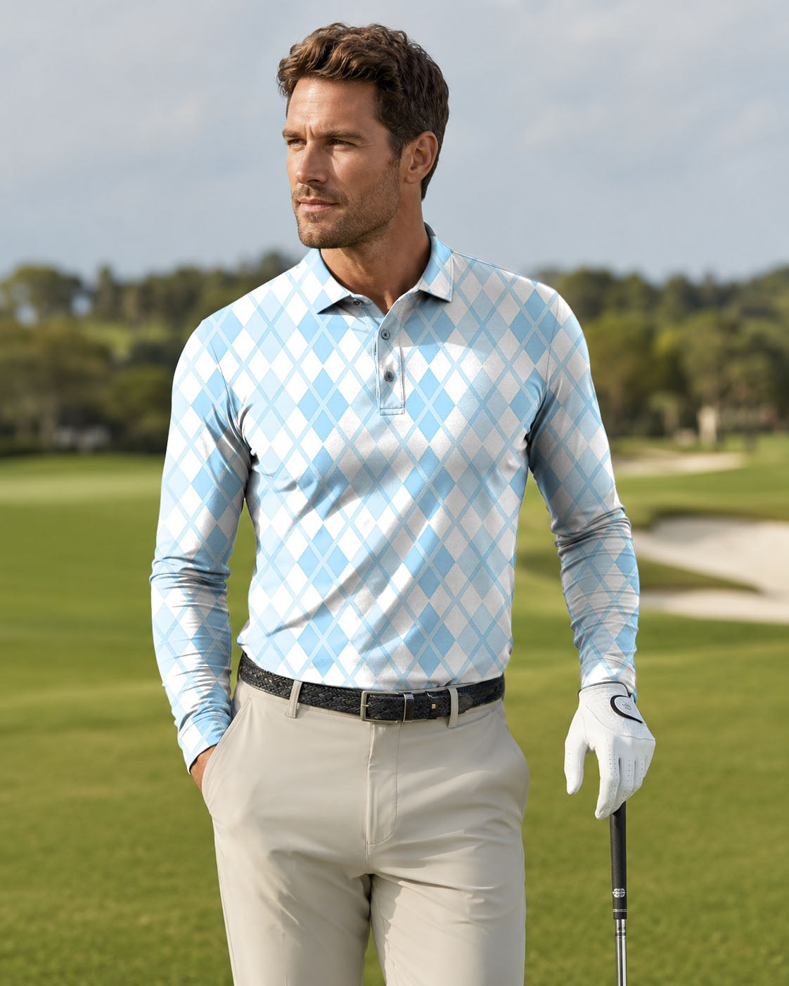 Argyle Men's bule grid golf Long-sleeved Polo