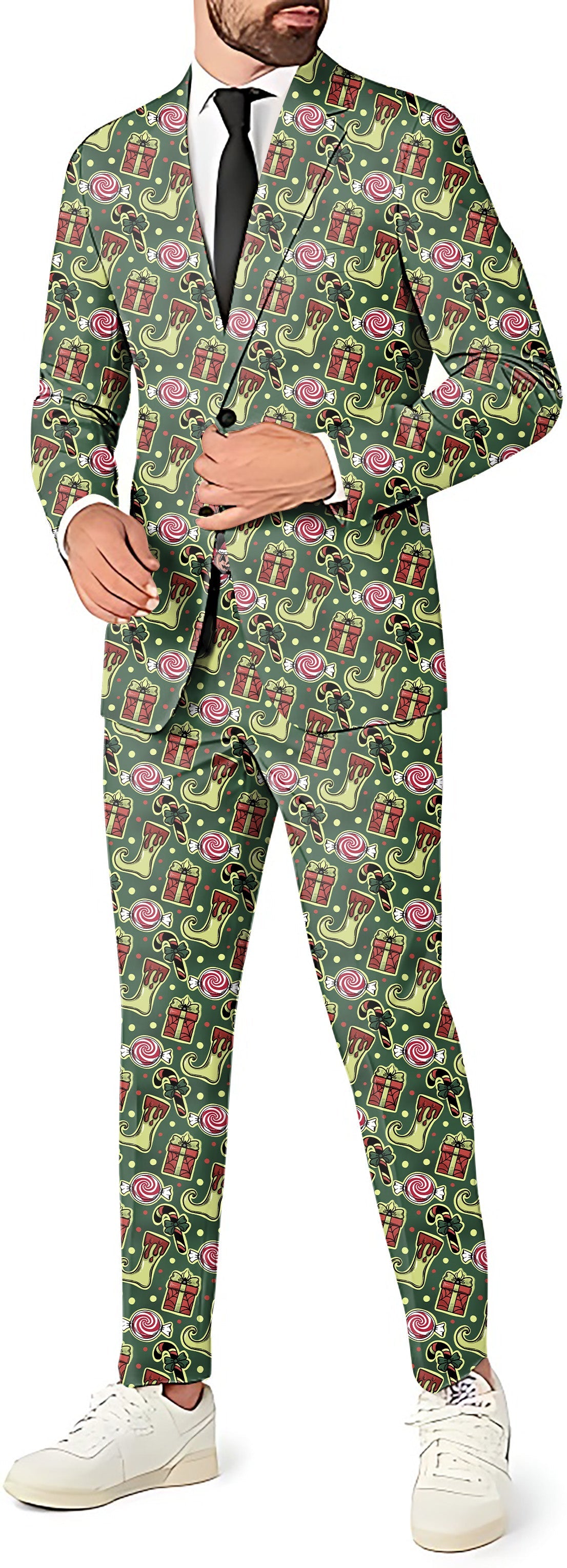 Men's Christmas-themed party suit with blazer, pants, and vest in festive pattern