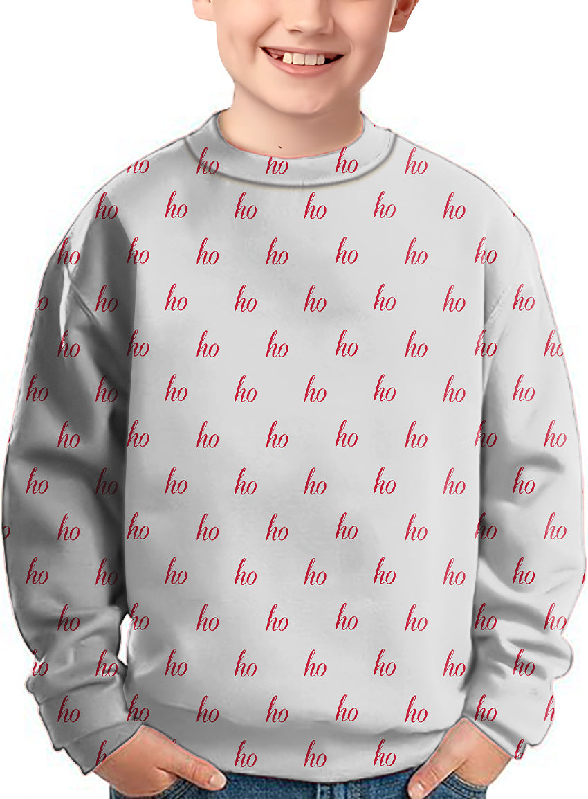 Grey custom name kids Christmas crewneck pullover with red "ho" print pattern