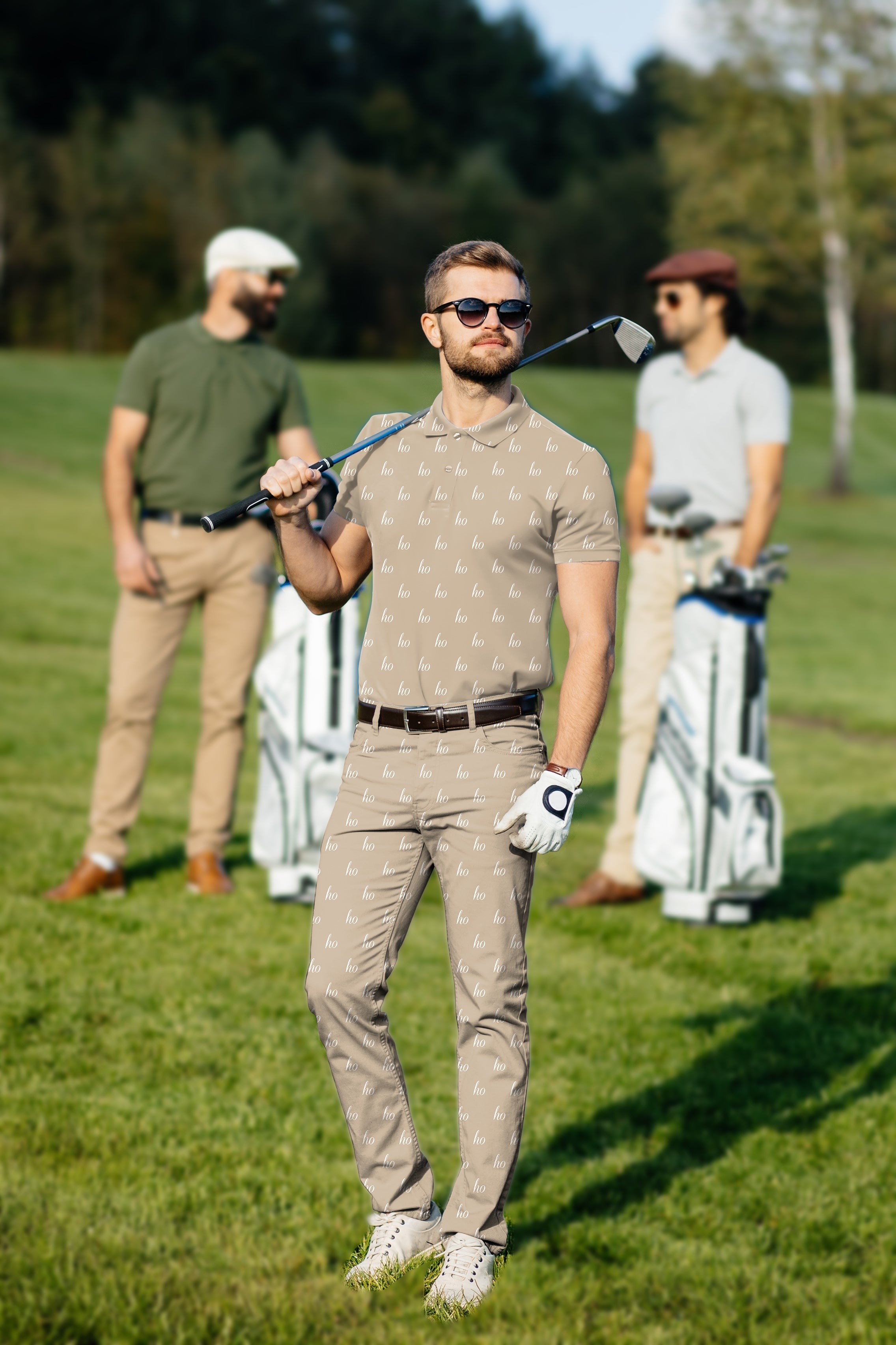 Men's beige golf polo and pants set with custom name, four-way stretch, moisture-wicking fabric, UPF 40+, and classic fit for business casual golf style