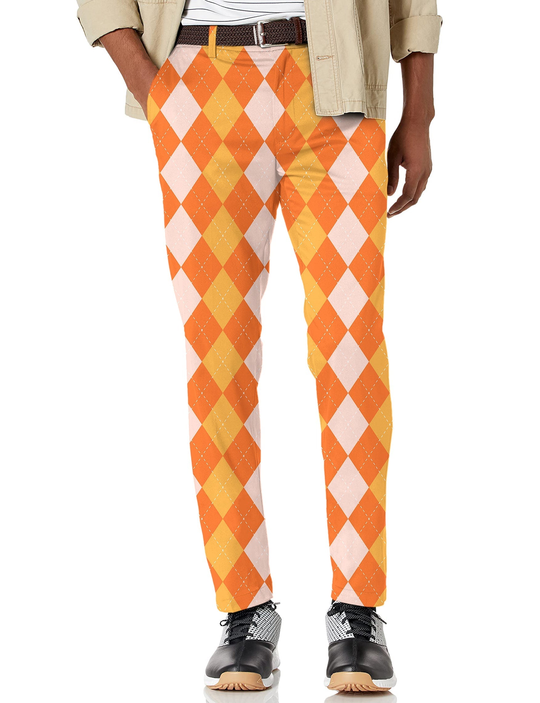 Men's Halloween orange apricot argyle stretch golf pants with moisture-wicking, wrinkle-resistant fabric and active waistband for golf performance