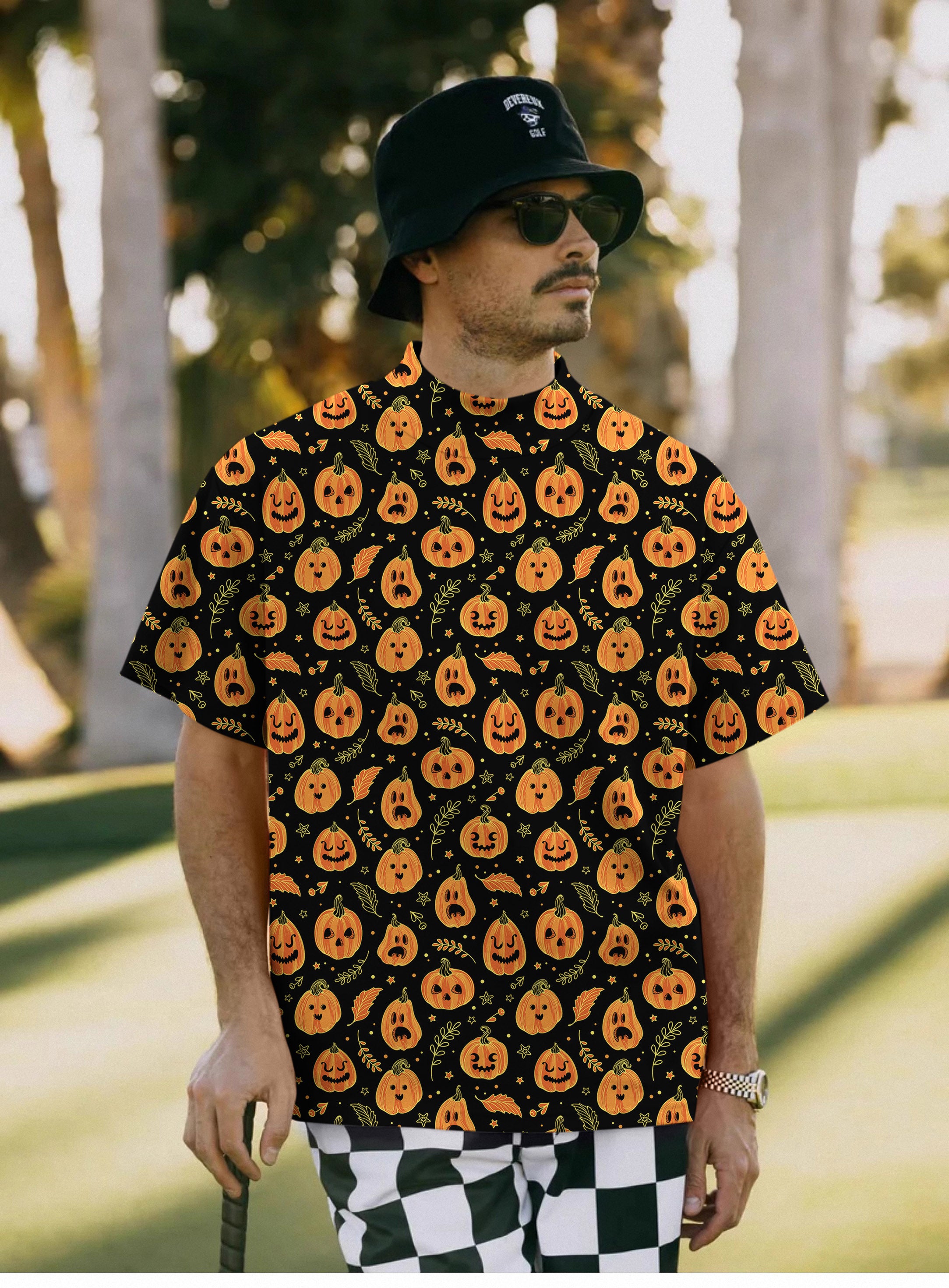 Men's Halloween Kawaii Pumpkin Bones Pullover High neck Long/Short sleeve T-Shirt