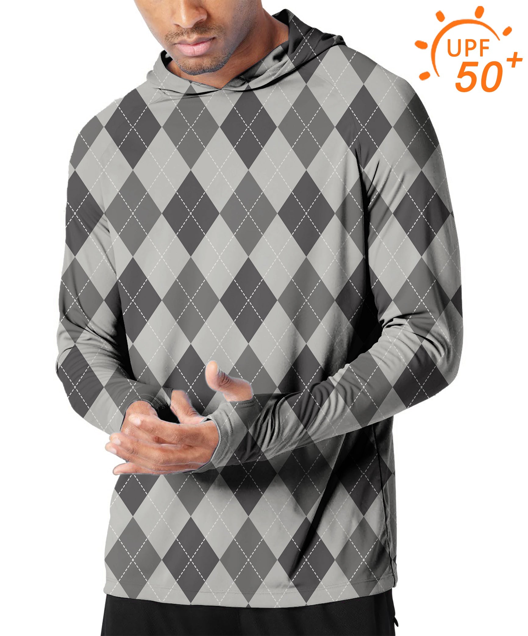 Men's outdoor grey argyle golf hoodie with UPF 50+ sun protection and slim fit design