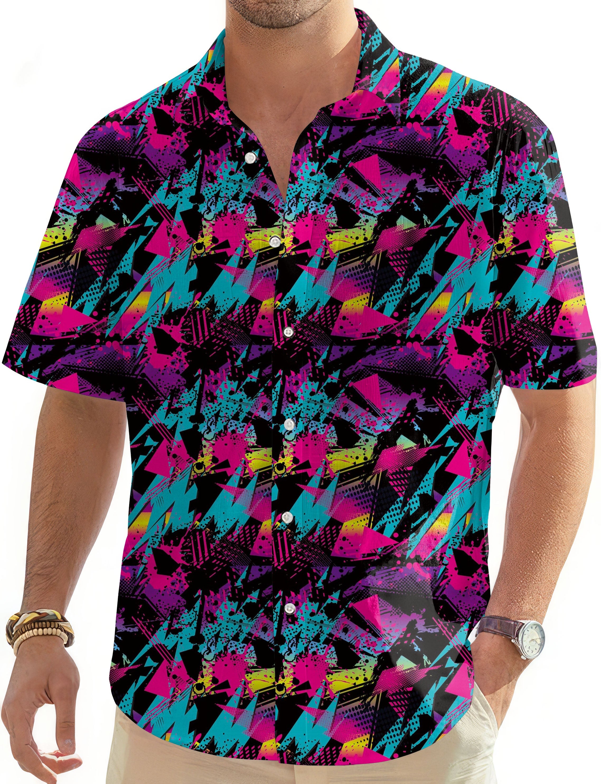 Retro men's Hawaiian golf shirt with vibrant abstract pattern and button-down collar