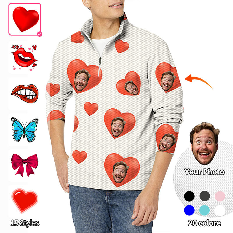 Valentine's Day Custom Photo Face Custom Color White Love Men's Golf Waffle Zipper Pullover