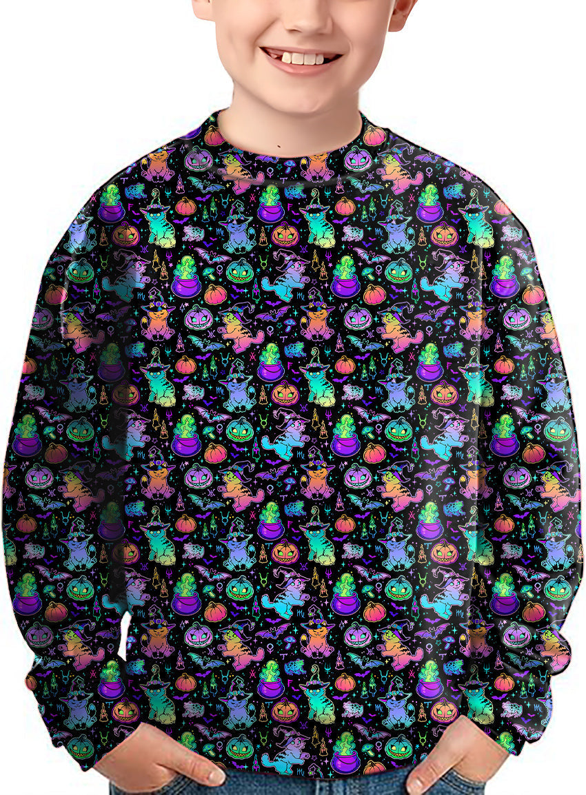 kids Halloween constellation cat crewneck pullover with colorful spooky pattern