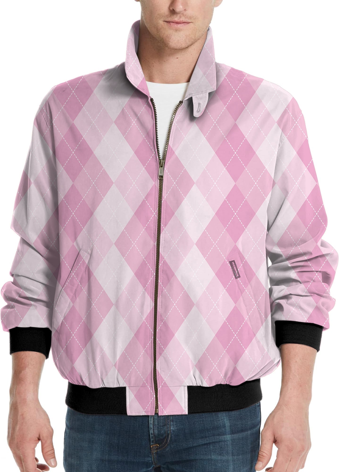 Men's golf pink argyle windbreaker light jacket with zipper and black cuffs
