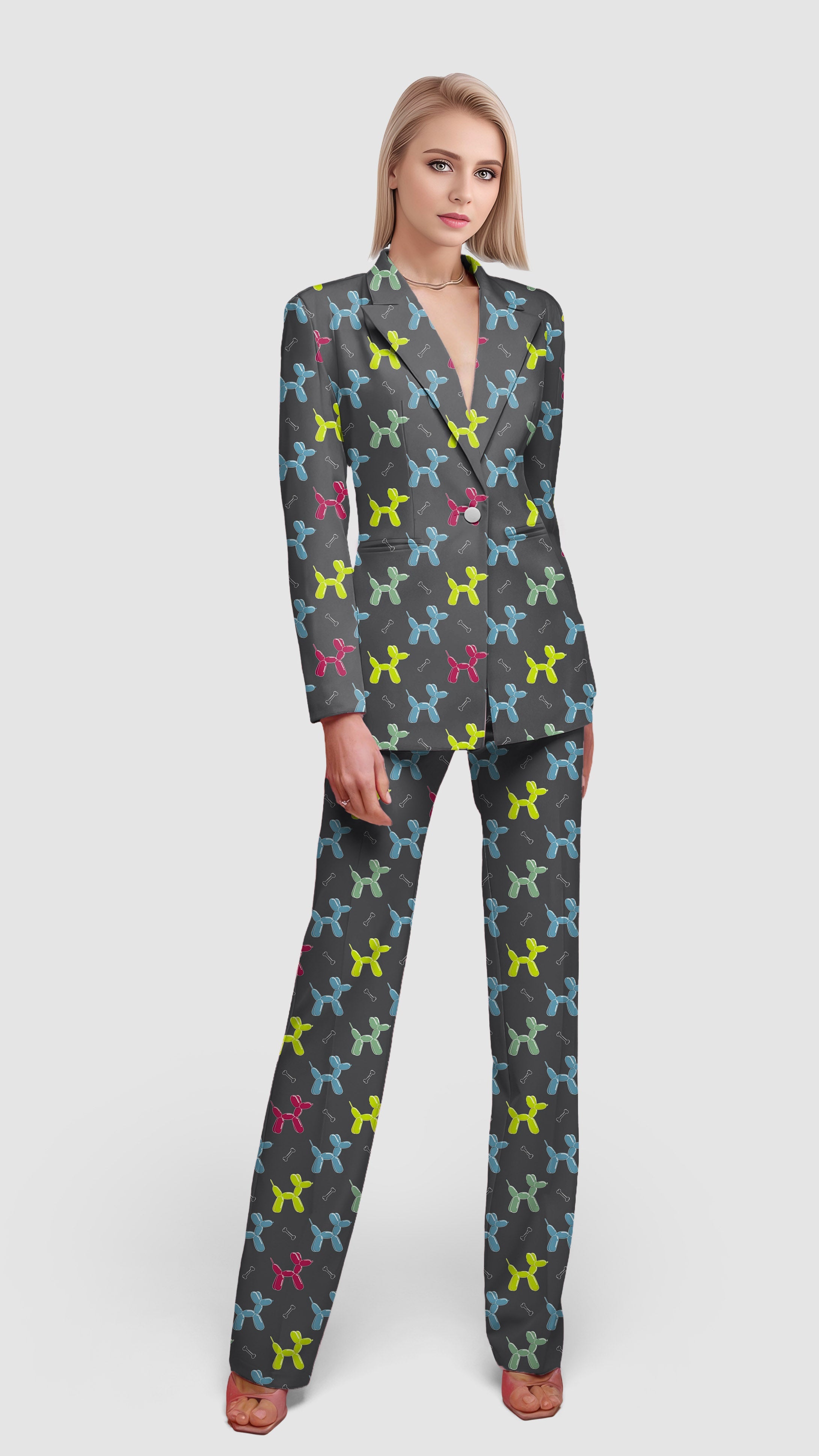 Women's Balloon Dog pattern blazer and pants suit set for casual work and office wear