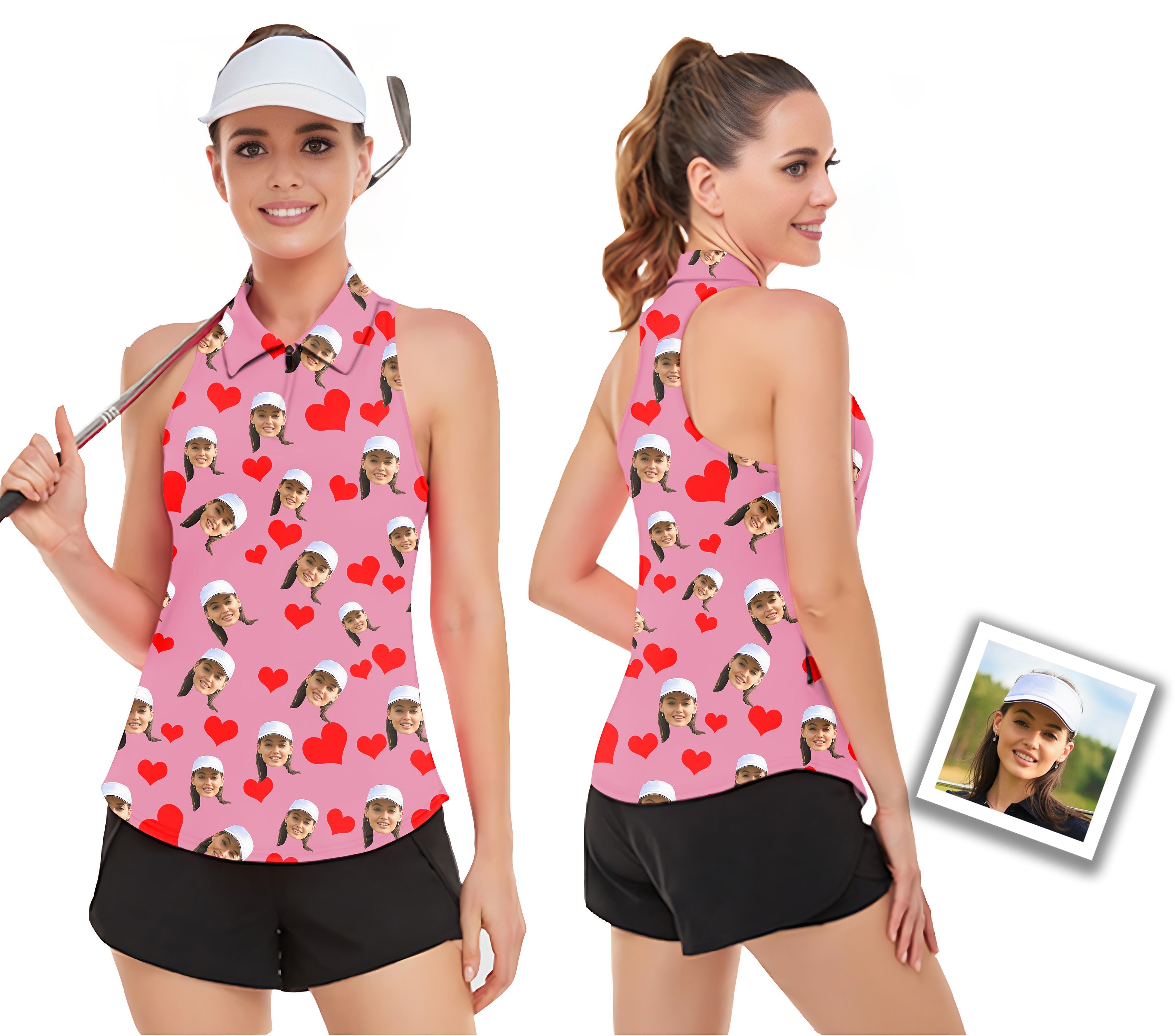 Custom red heart photo sleeveless women's golf tank top with funny face print and UV protection
