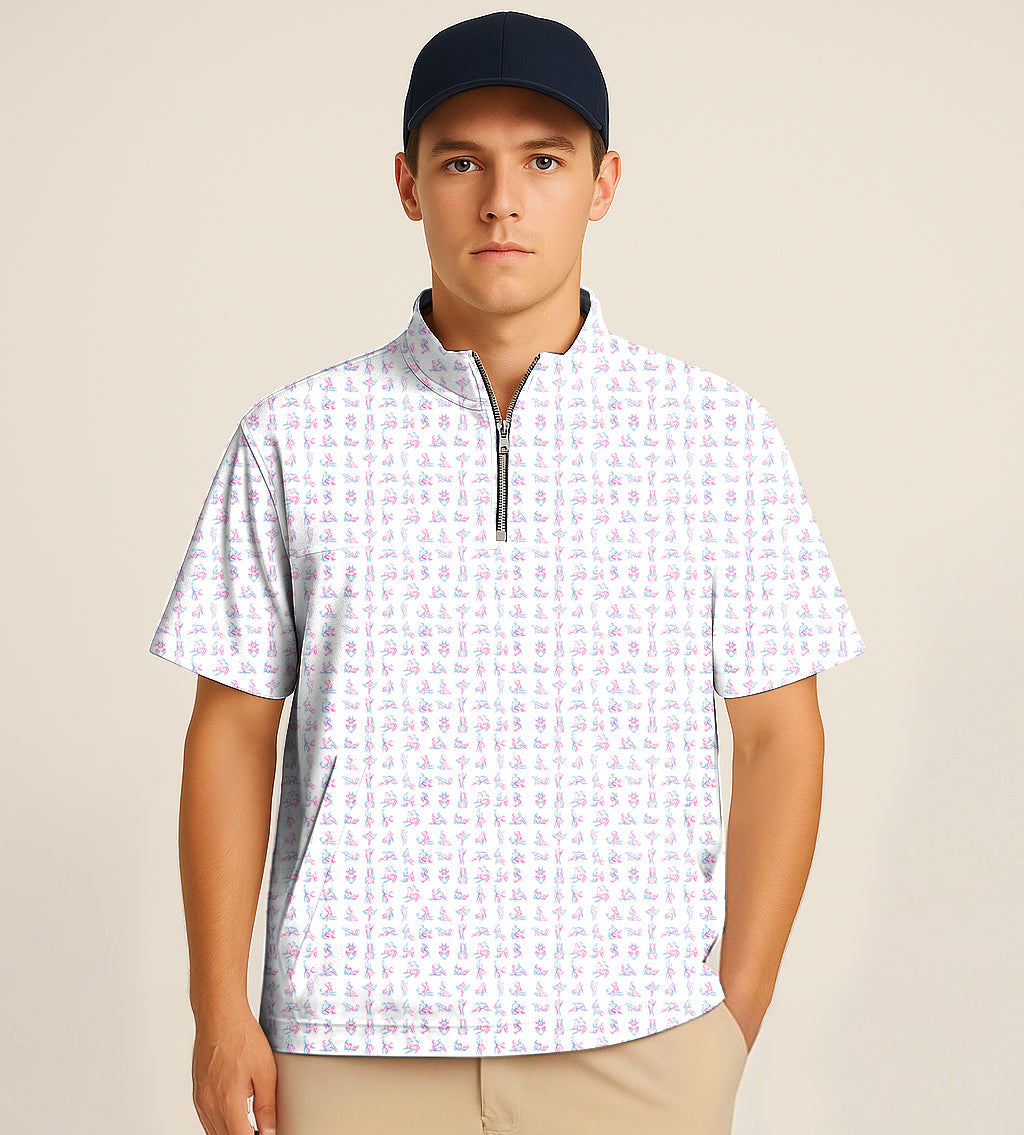 Man wearing half zipper turtleneck golf short sleeve shirt with pattern and navy cap