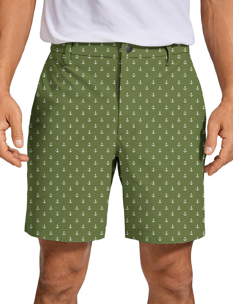 Men's olive green golf shorts with white anchor pattern, quick-dry and lightweight fabric
