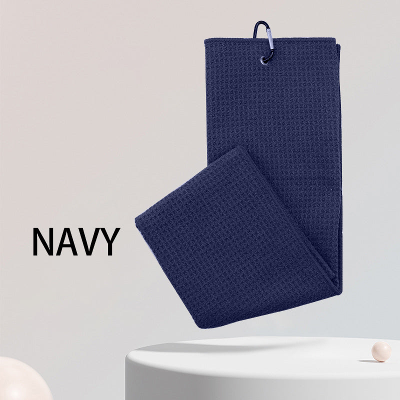 Navy sports microfiber waffle towel with custom embroidered logo and clip for golf clubs