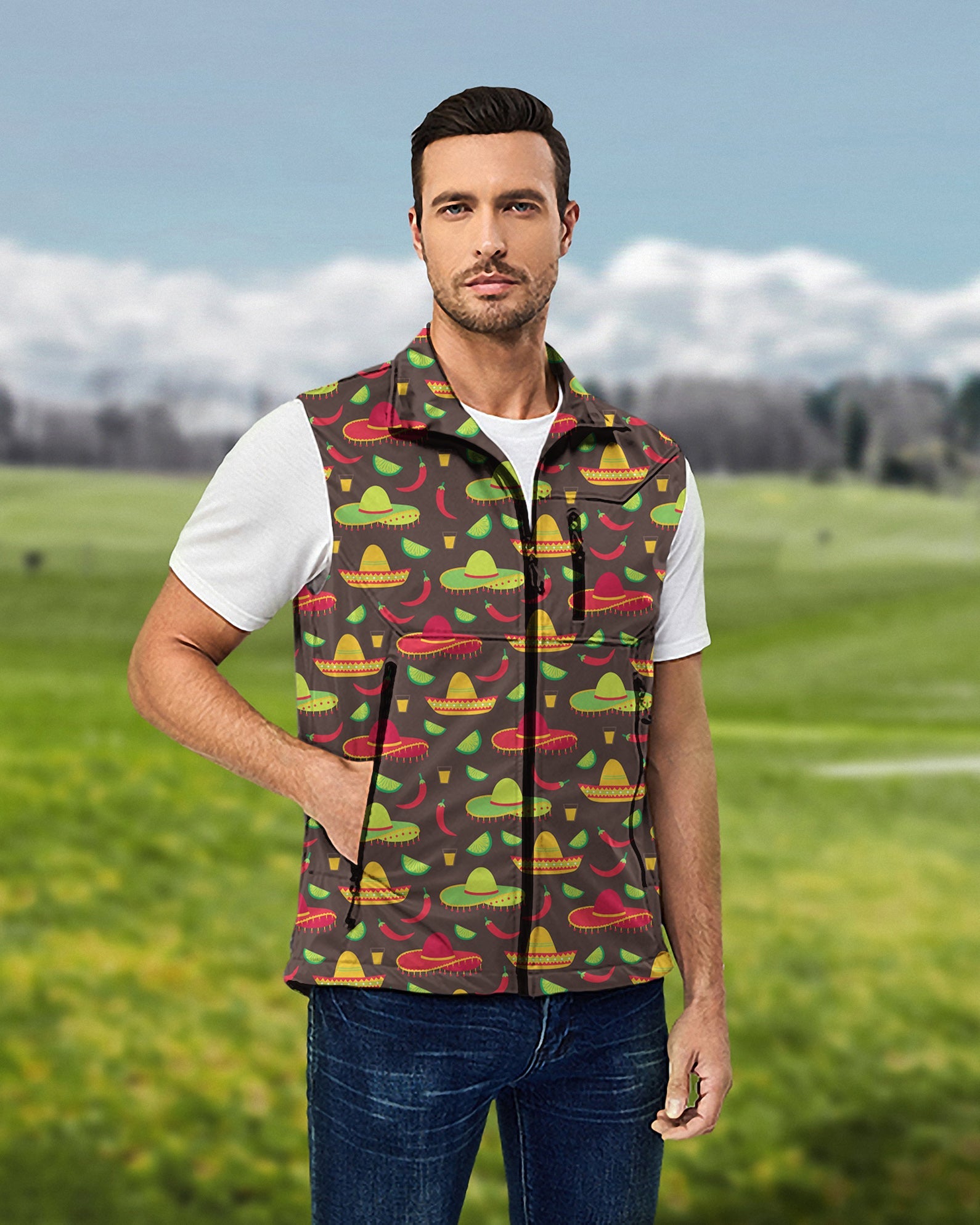 Men's Taco Tuesday lightweight softshell vest with taco print, windproof and waterproof golf sleeveless jacket
