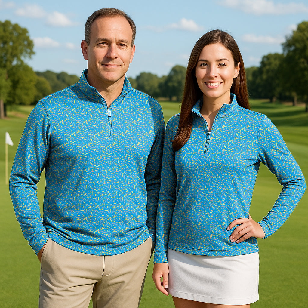 Blue flowers couple golf active 3/4 zip long sleeve tops on golf course