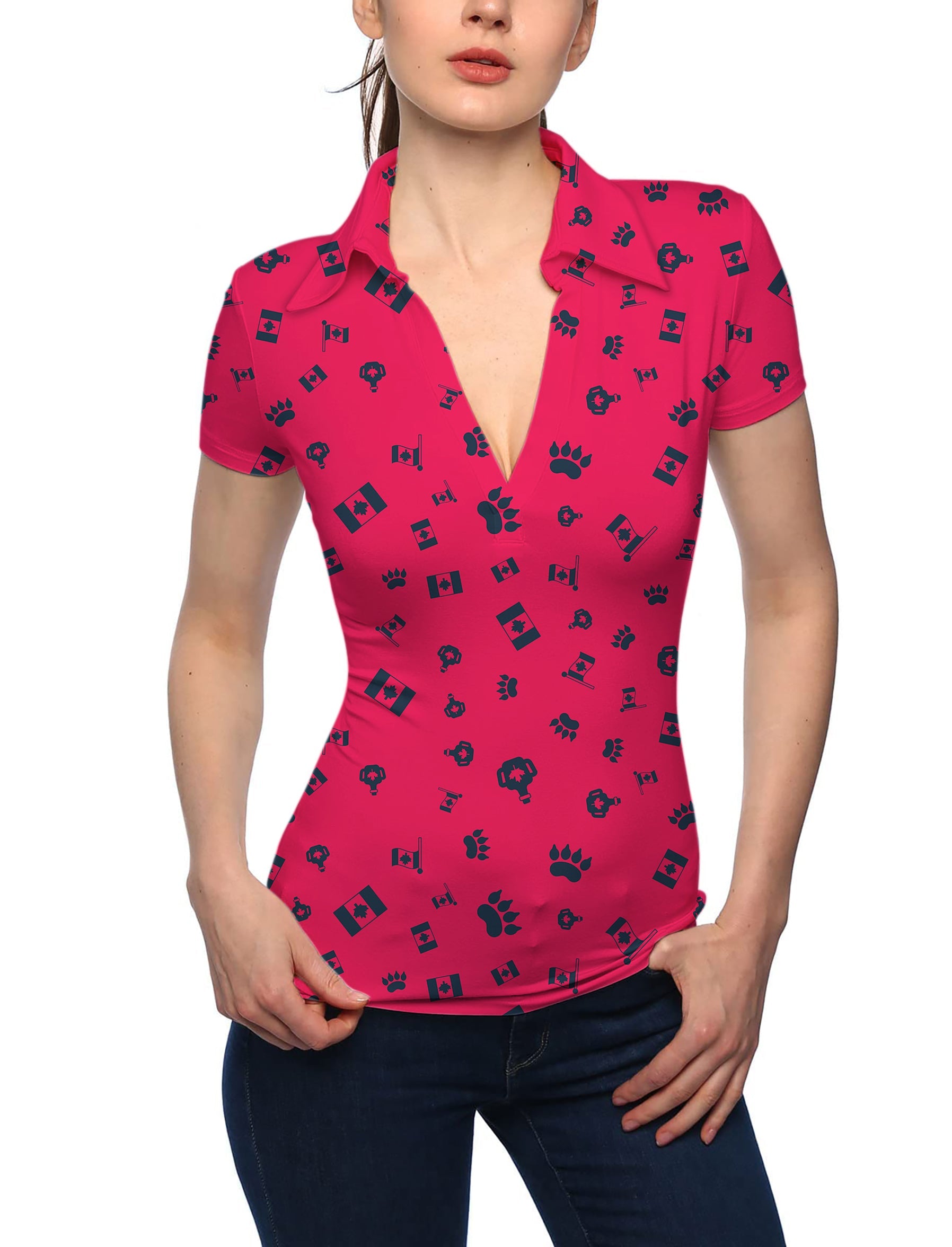 Women's Canadian Flag V-neck golf polo shirt with stand collar and short sleeves