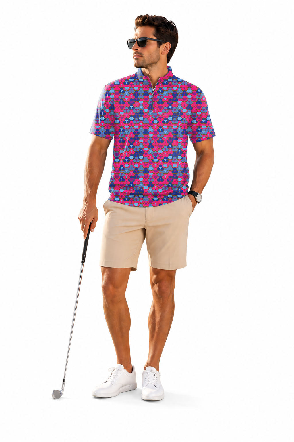 Men's Short Sleeve Quarter Zip Golf Pullover Colorful World Embroidery