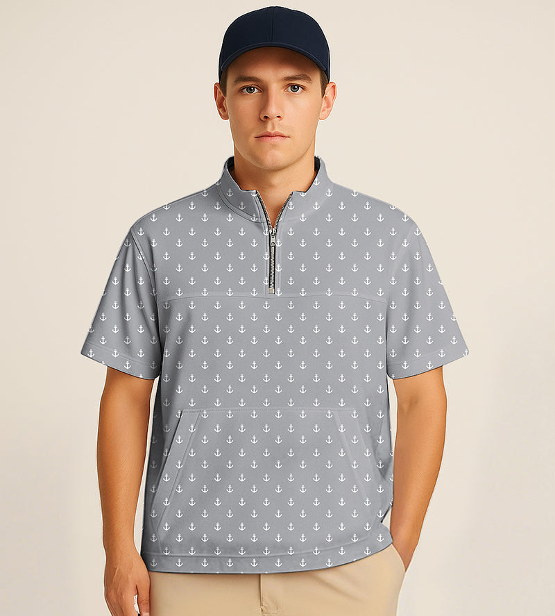 Light gray half zipper turtleneck golf shirt with anchor embroidery and short sleeves