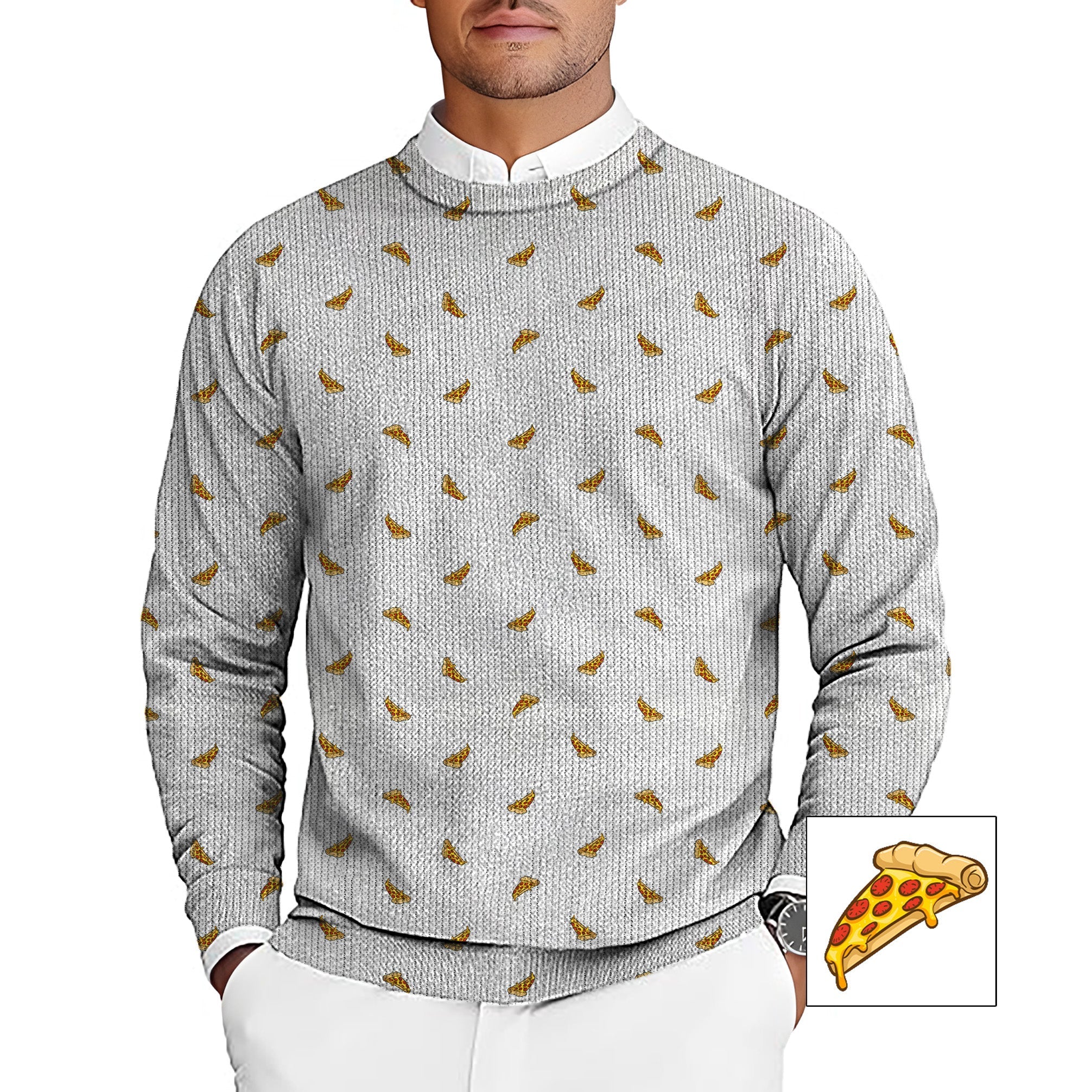 Delicious White Pizza custom men's golf crewneck pullover sweater with pizza slice pattern