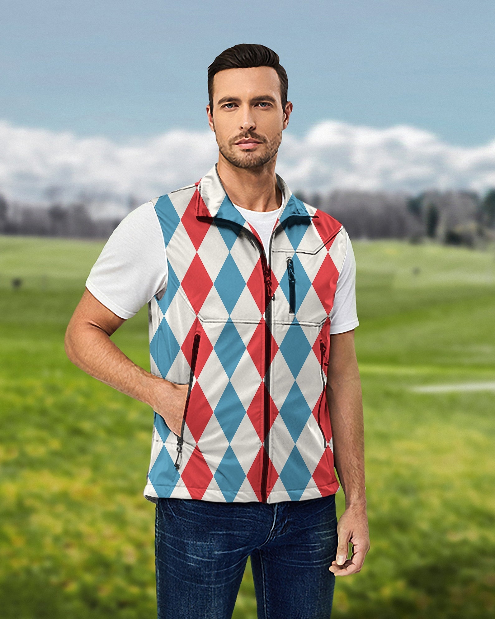 Men's geometric checkerboard argyle sleeveless softshell vest for golf, windproof and waterproof