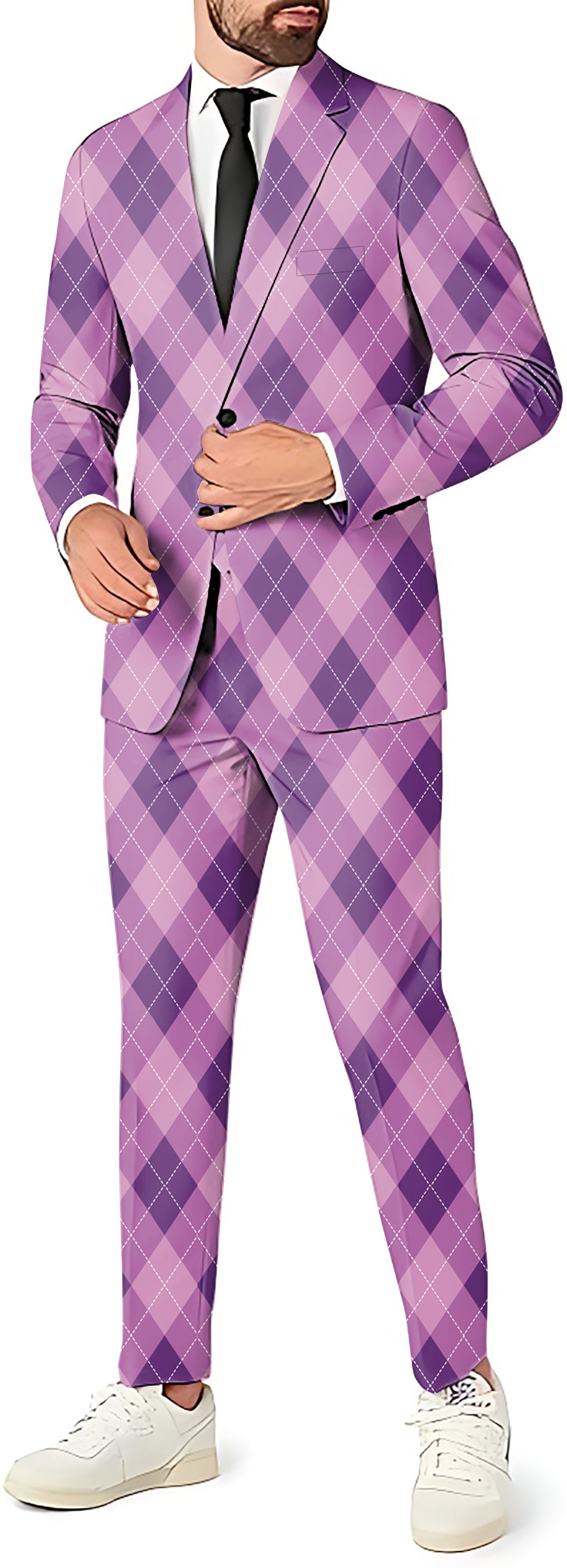 Men's purple Argyle blazer, pants, and vest party suit set