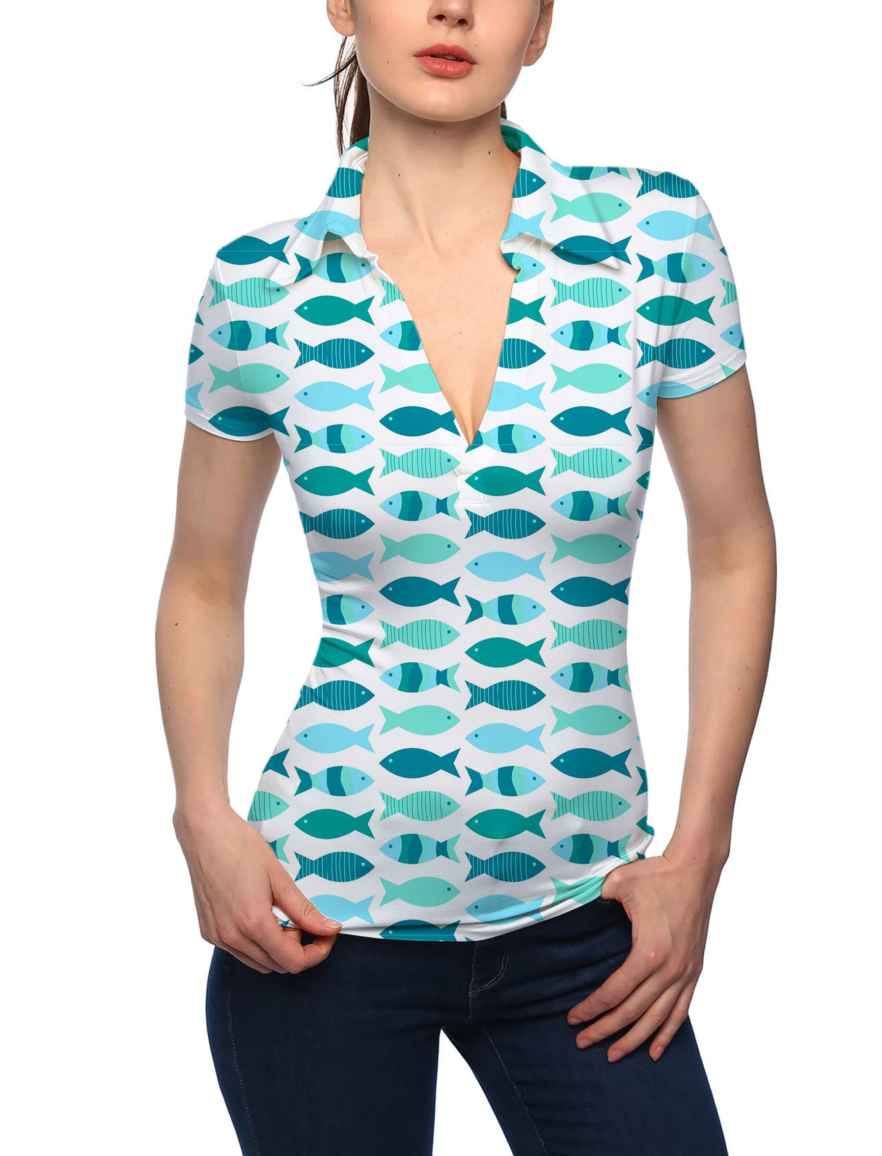 Women's Fish Pond V Neck Golf Polo