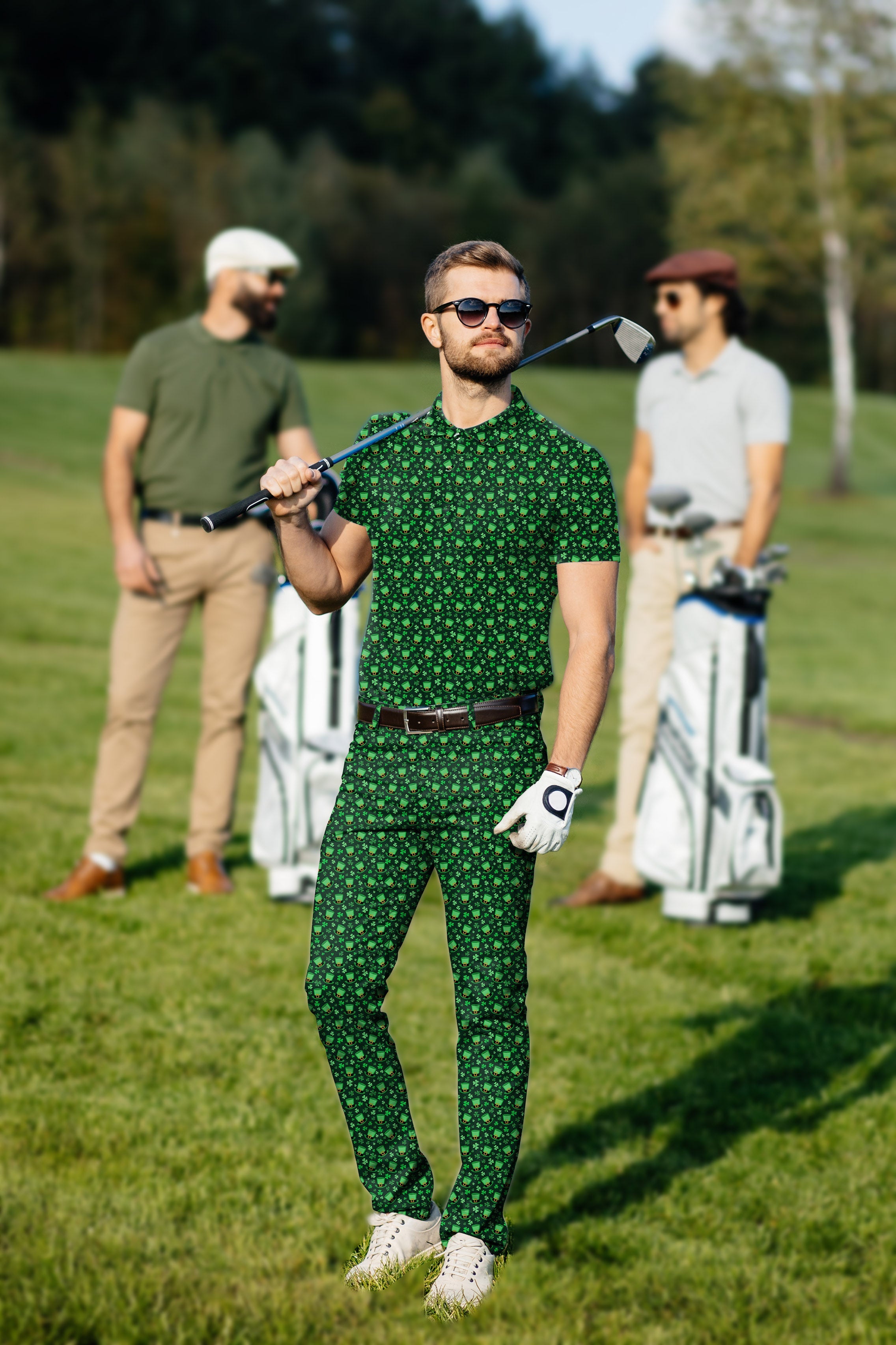 Men's St. Patrick's Day golf set with leprechaun hat and clover leaf pattern, stretchy moisture-wicking fabric, wrinkle resistant, UPF 40+ protection, classic fit polo and pants.
