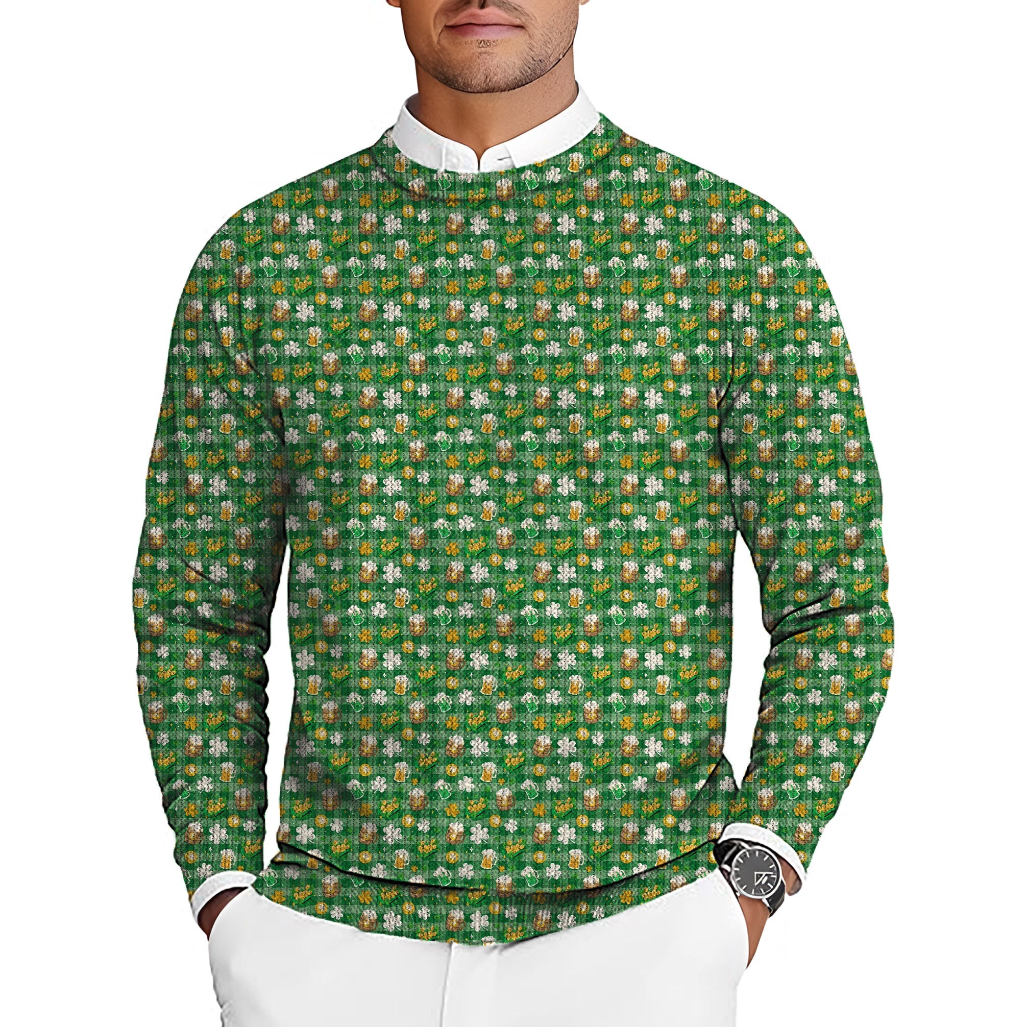 Men's St. Patrick's Day golf pullover sweater with green beer and clover leaf pattern