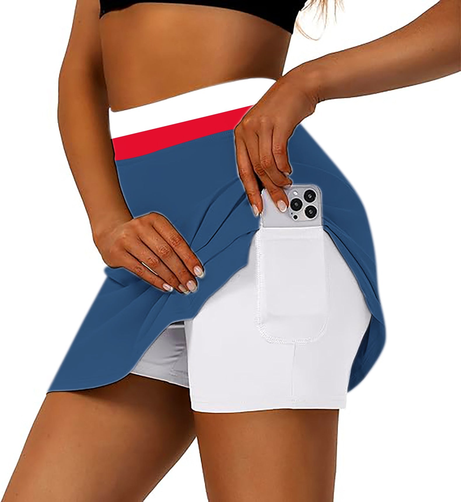 Women's Navy Red White Stripe Series athletic golf skorts with inner shorts and phone pocket