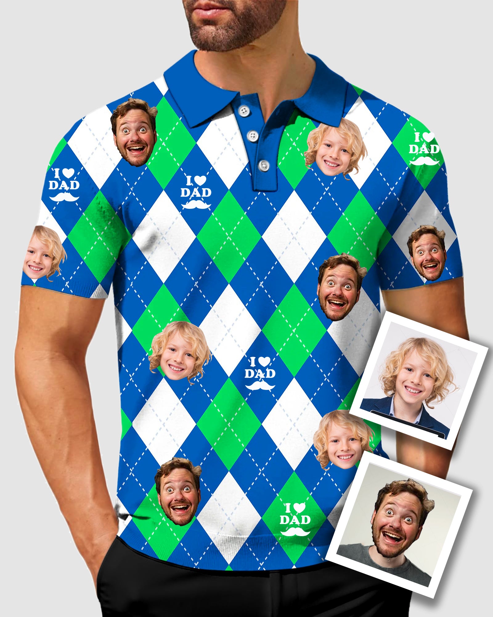 Men's To My Dad Custom Face Argyle Green Blue Men's Golf Polo Father's Day Gift Polo