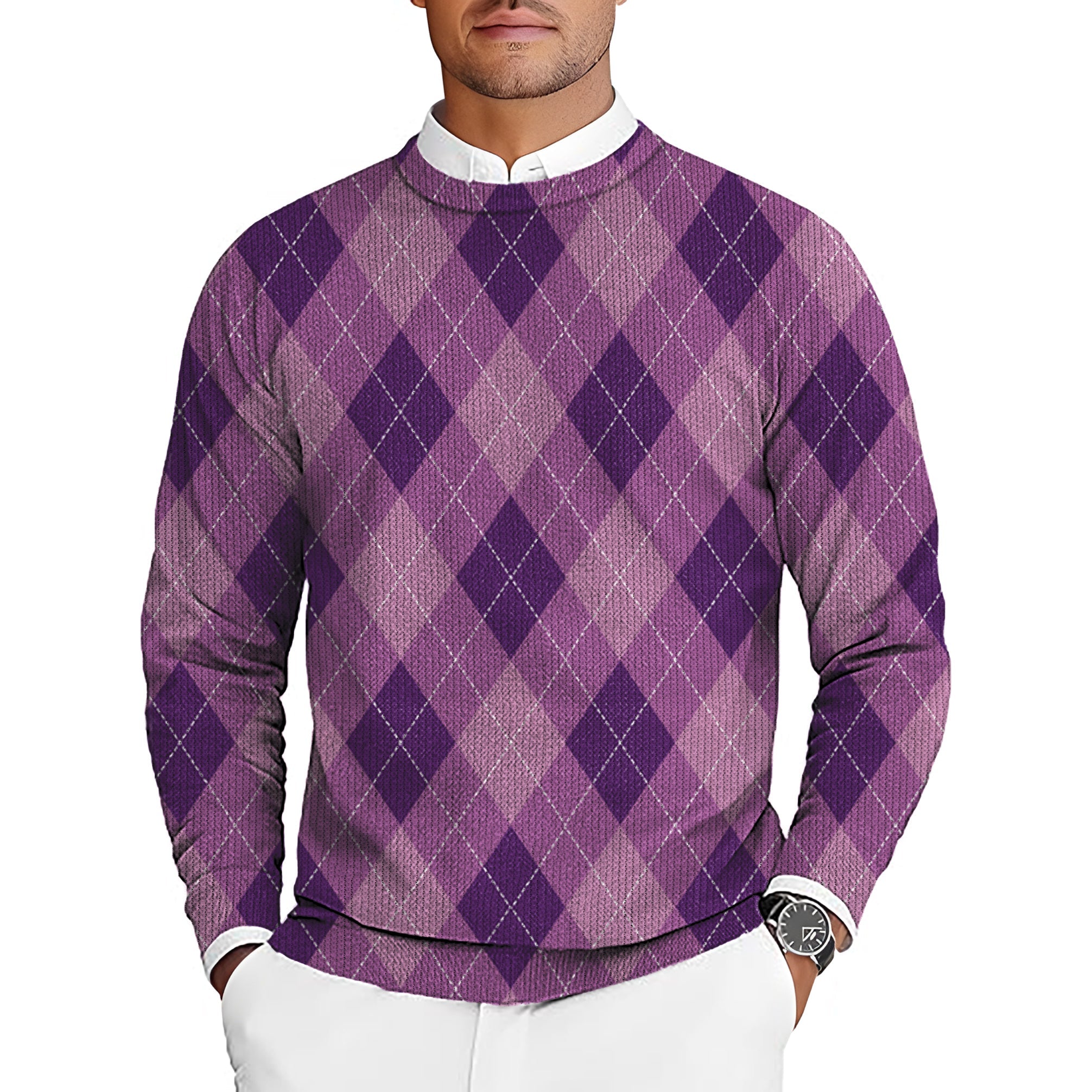 purple Argyle men's golf crewneck pullover sweater with diamond pattern