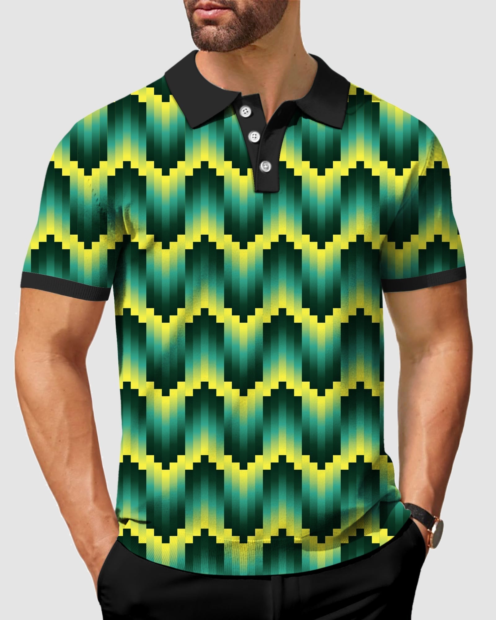 Men's Green Ripples polo shirt with custom sport team design, four-way stretch, moisture-wicking fabric, wrinkle resistant, UPF 40+ protection, and classic fit.