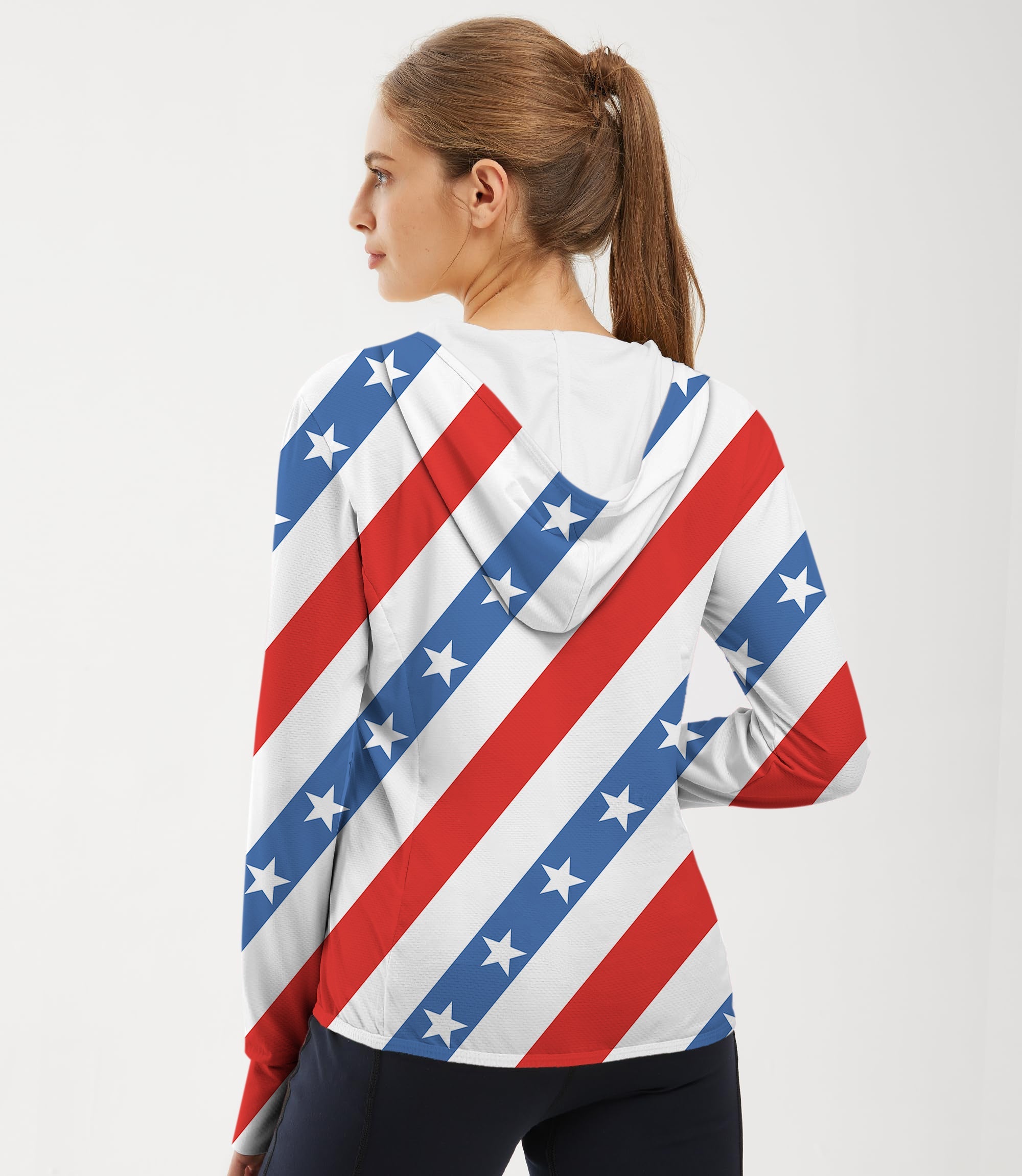 Women's outdoor American flag slim fit zip hoodie for sun protection and sports activities