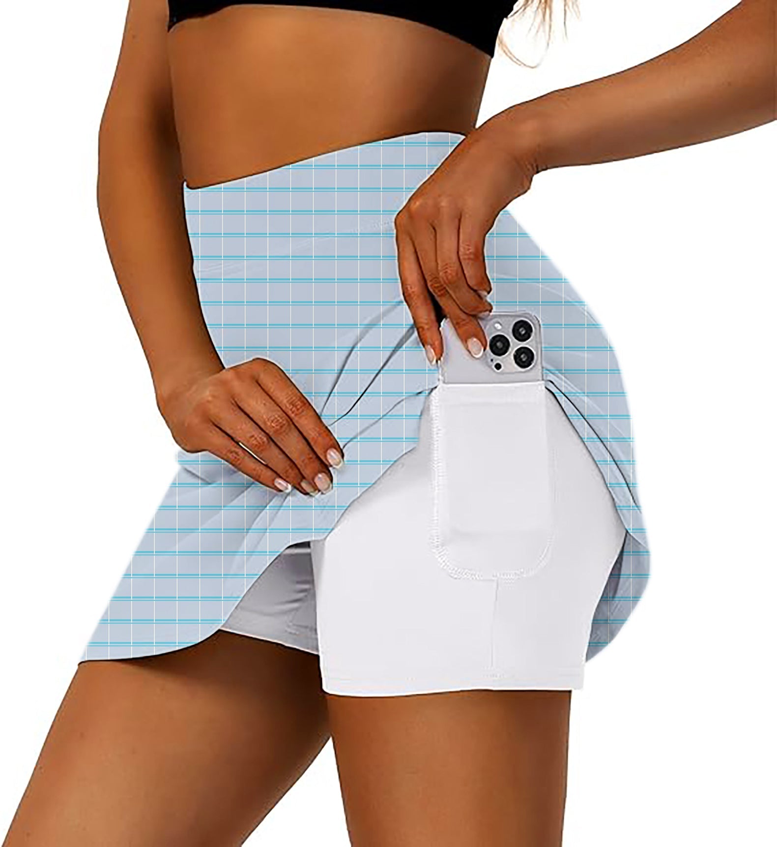 Sky blue checkered women's athletic golf skort with side pocket and flared skirt design