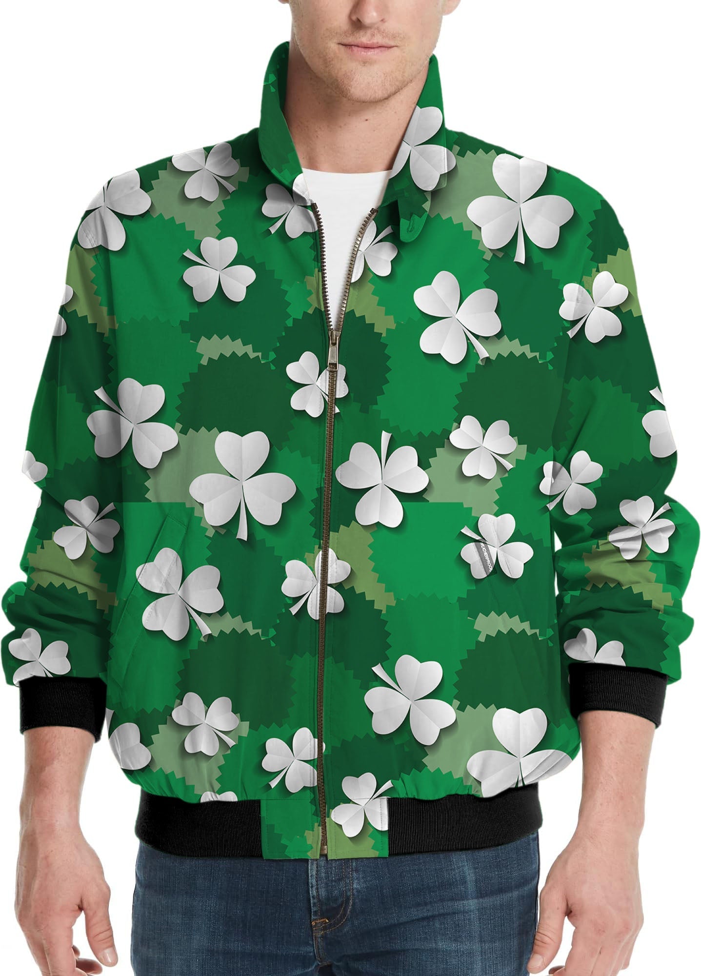 Men's golf windbreaker jacket with green leaf clover pattern for St. Patrick's Day