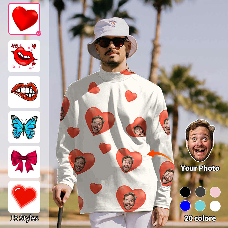 Valentine's Day Men's Custom Photo Face Custom Color White Love Pullover High Neck Long/Short Sleeve T-Shirt